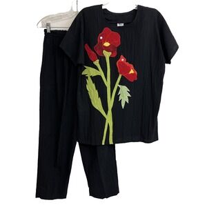 ALFREDO'S WIFE LTD Black Floral Embroidered 100% Cotton Top (XS) Pants (M) USA